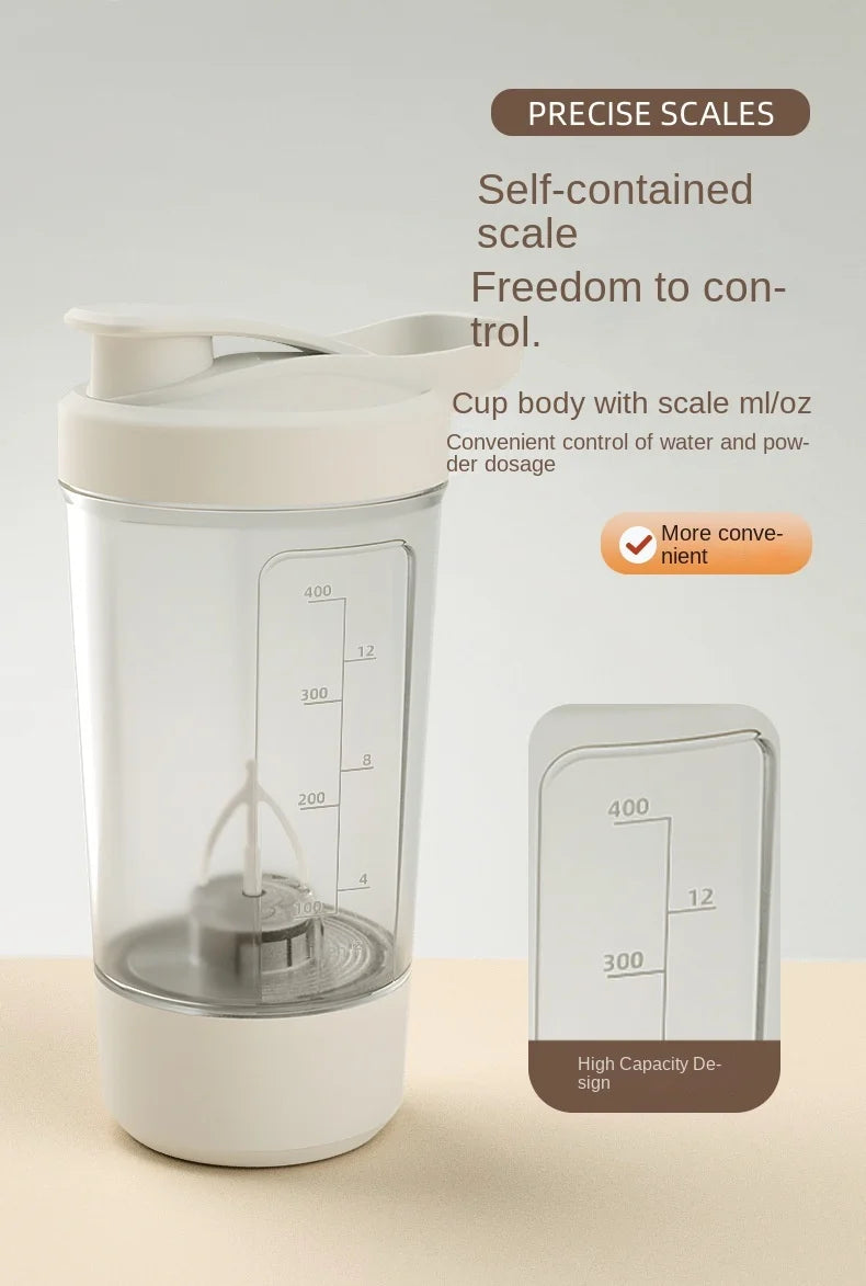 Portable self stirring protein shaker bottle.