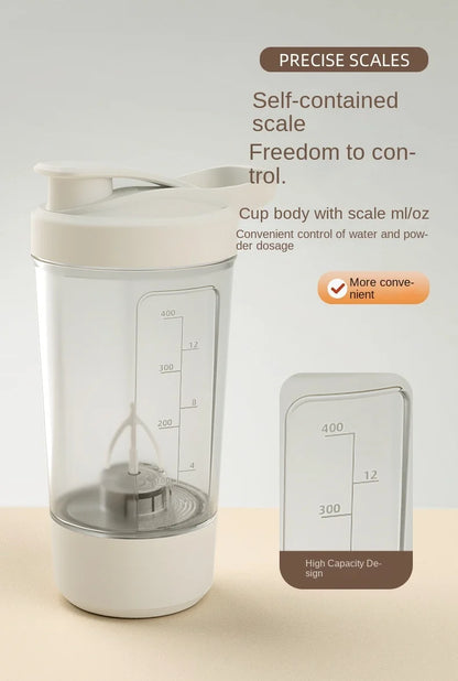 Portable self stirring protein shaker bottle.